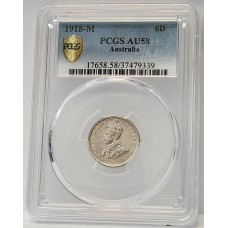 AUSTRALIA 1918 . SIXPENCE . PCGS AU58